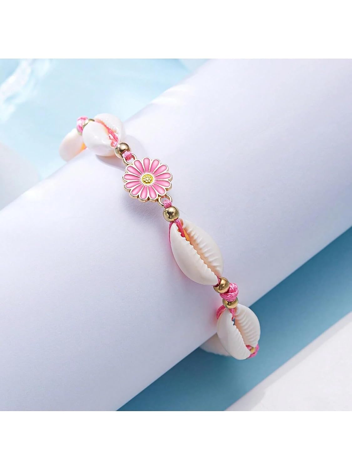 El Regalo Womens 1PC Bohemian Sunflower Cawrie Shell Anklet- Trendy 1 Leg Thread Adjustable Anklet with Pretty Flower Charms (Pink)
