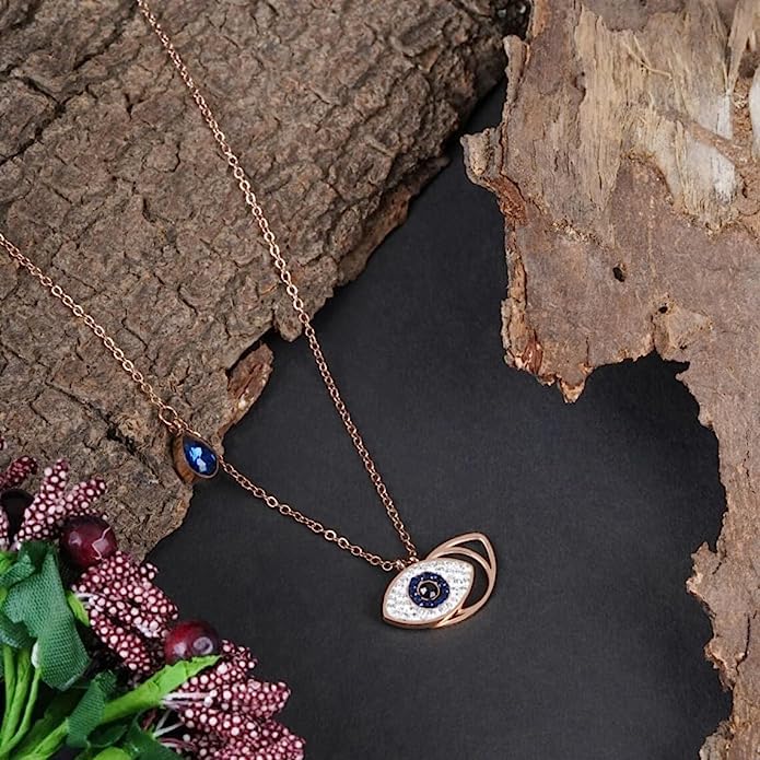 El Regalo 1 PC Stainless Steel NO RUST/ANTI TARNISH Evil Eye Pendant Necklace for Girls/Teens & Women- Designer Rose Gold Evil Eye Crystals Necklace