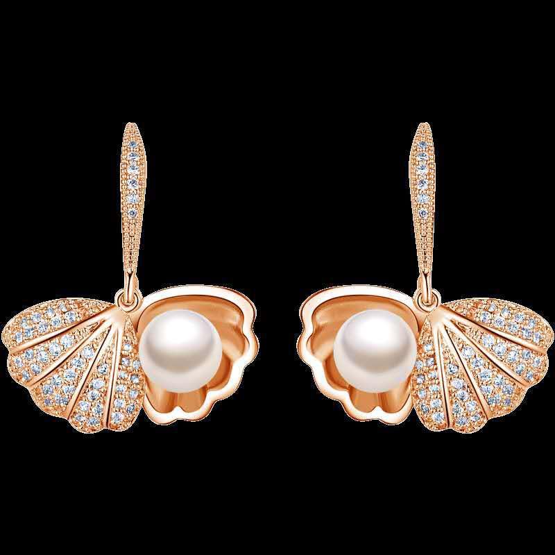 El Regalo Pearl Shell-Shaped Earrings - Fashionable Cute Inlaid Cubic Zirconia Pearls Shell Hook Earrings for Girls & Women, Elegant Sea-Inspired Design