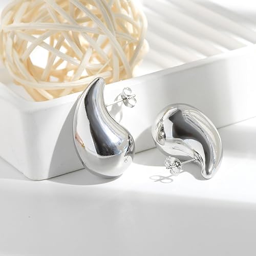 El Regalo 1 Pair Stainless Steel Teardrop/Waterdrop Bold Fashion Statement Earrings- Anti Tarnish, Hypoallergenic Chunky Bottega Earrings (Silver)