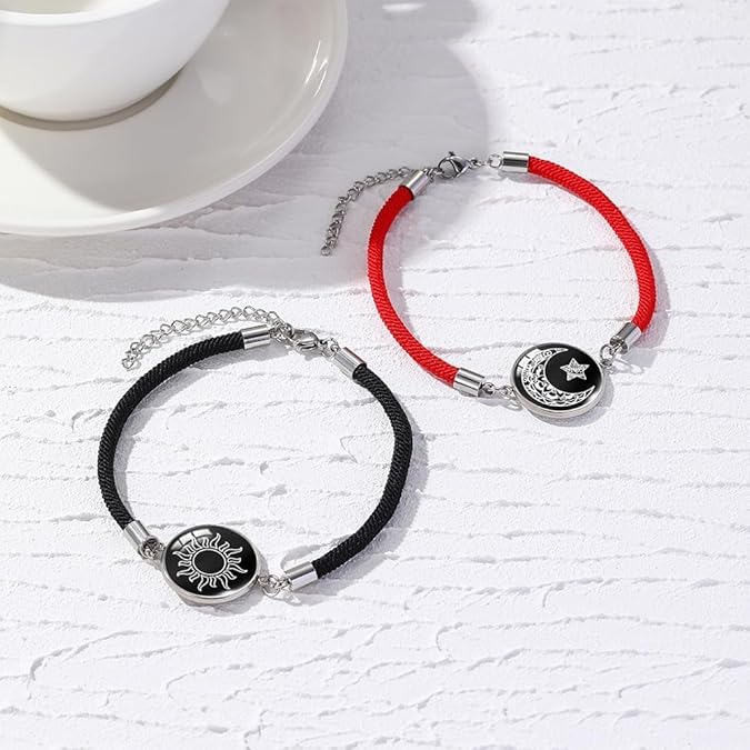 El Regalo 2PCs Sun Moon Couple Bracelets Set - Sun, Moon, Star Pinky Promise Bracelets Combo (Red & Black)