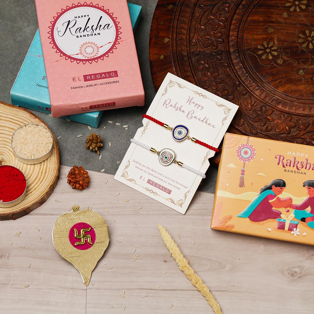 El Regalo Fancy 2PCs Evil Eye Rakhi Set for Brother with Roli Chawal & Rakhi Message Card - Lucky Protection Rakhi to Avoid Negative Energies for Brother/Sister-in-Law/Niece or Nephew (Option-2)