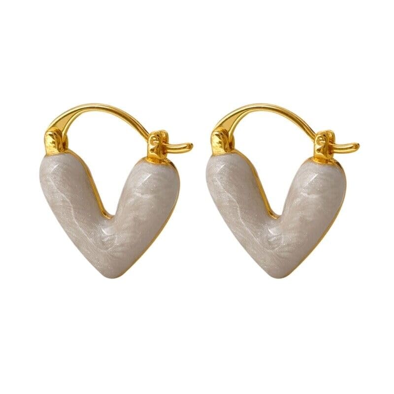 El Regalo 1Pair Love Heart Hoop Earrings- Small Oil Dripping Gold Plated Heart Earrings for Girls & Women Hoop (White)