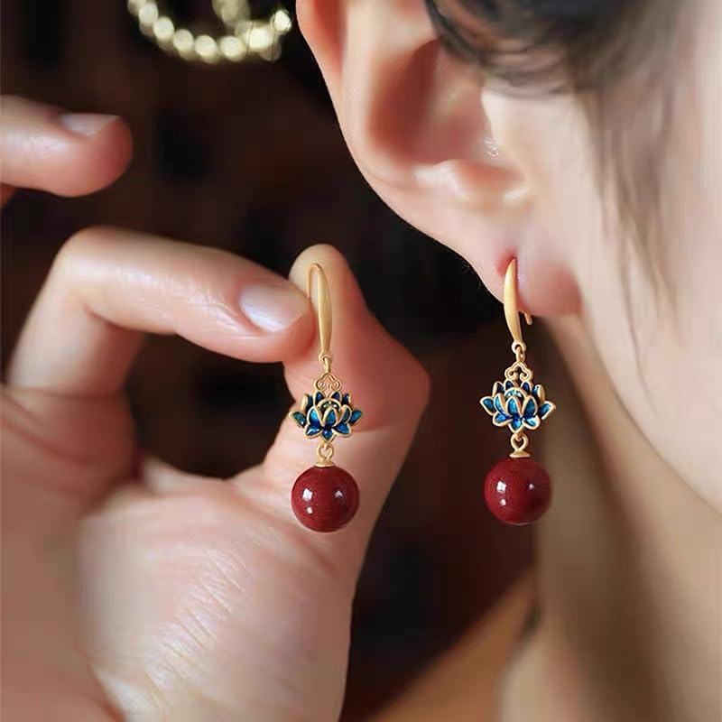El Regalo Lotus Design Drop Earrings for Women & Girls - Gold Plated Enamel Earrings with Red Stone Bead Pendant - Ethnic & Contemporary Earrings