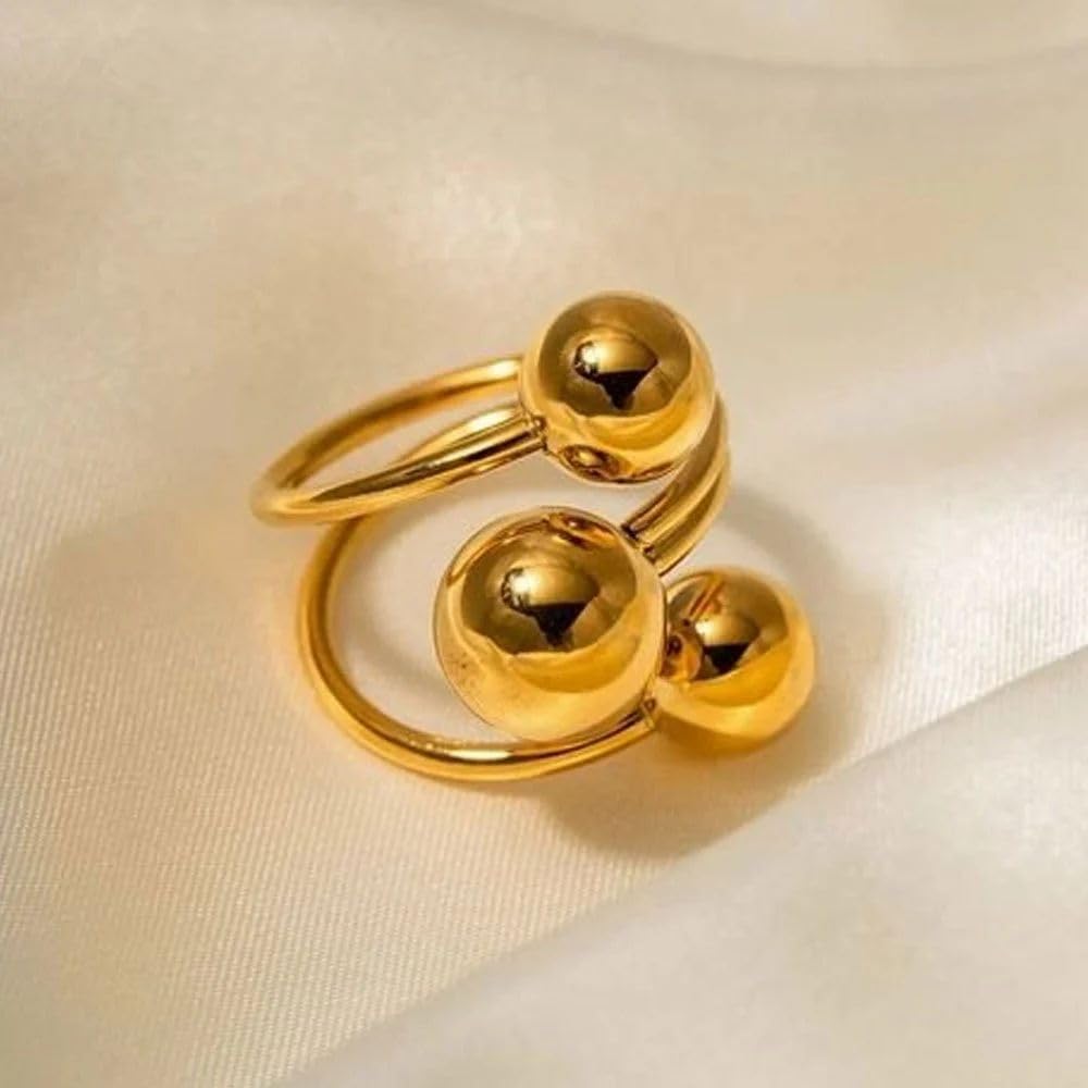 El Regalo Modern 18K Gold Plated Stainless Steel Trio Sphere Ring for Women & Girls | Elegant Big Bold Chunky Statement Ring | Triple Ball Spiral Cocktail Finger Ring | Western Fashion Jewellery
