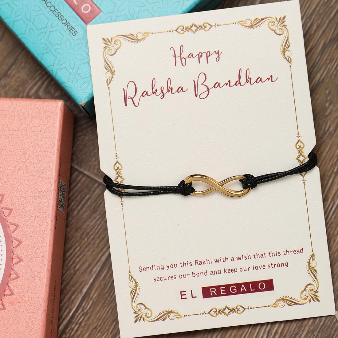 El Regalo 1PC Minimalist Infinity Rakhi for Brother- Simple Infinity Rakhi with Roli Chawal, Rakhi Message Card in Rakhi Gift box for Brother (Gold)