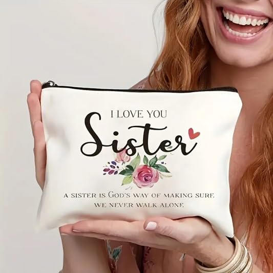 El Regalo 1PC 'I Love You Sister' OR Sisters Forever Friends Printed Makeup Pouch, Portable Travel Toiletry Bag, Multipurpose Zippered Organizer Bag (I Love You Sister)