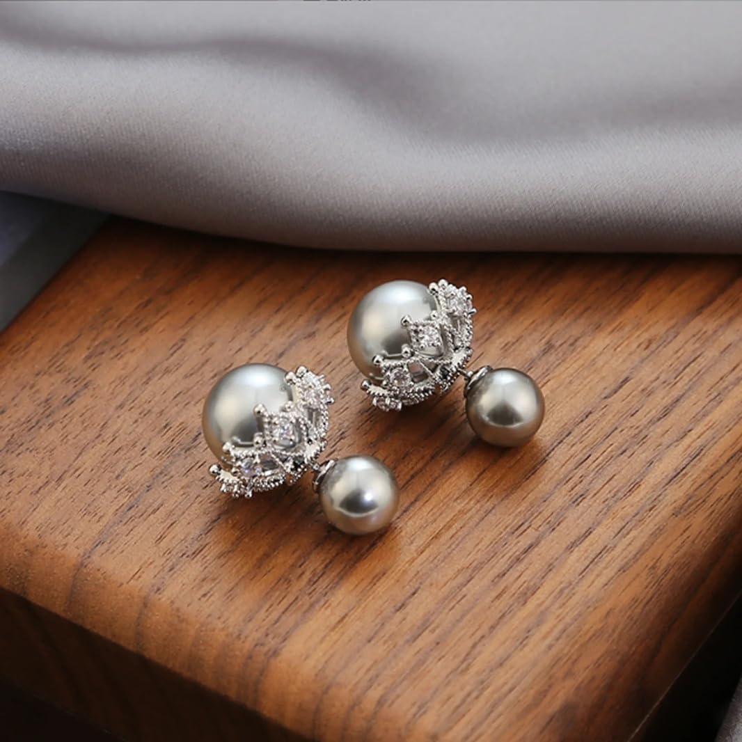 El Regalo Beautiful Double Sided Pearl Earrings for Women - Elegant Crown Rhinestone Front Back Studs | Korean Style Moti Earrings (Silver Grey)