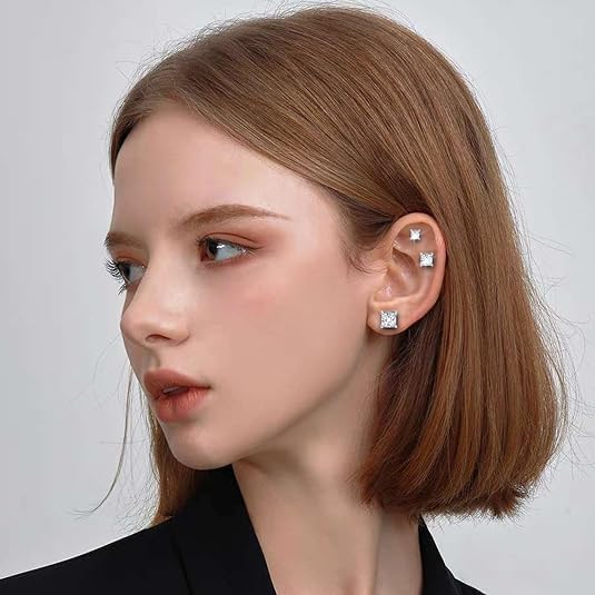 El Regalo 4 Pairs Stainless Steel Magnetic Unisex Stud Earrings for Men Women- CZ Non-Piercing Clip On Stud Earrings Set (Silver)