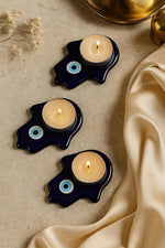 El Regalo 2PCs Evil Eye Tea Light Candle Holders for Diwali Decoration - Premium Glass Diya Set for Home, Festive Decor, Vastu Protection (Hamsa Hand Evil Eye)