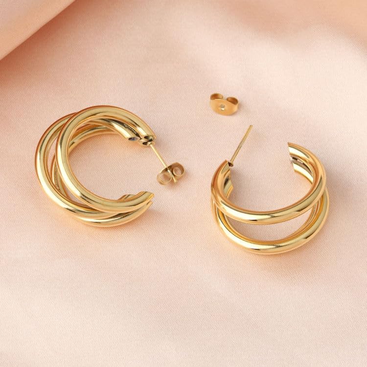 El Regalo Trendy Triple 3 Hoop Stud Earrings- Western Fashion Earrings for Girls & Women (Golden Hoops)