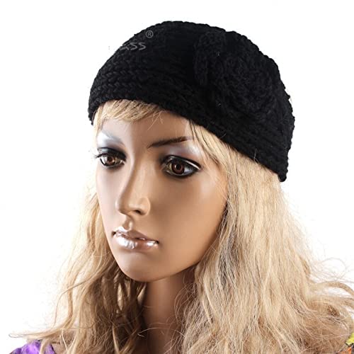El Regalo 2 PCs Knitted Flower Warm Winter Woolen Headband with Buttons for Face Mask Cover | Cold Weather Hair Accessories Head Wrap | Winter Headbands for Girls & Women (Pack of 2) (Red & Black)