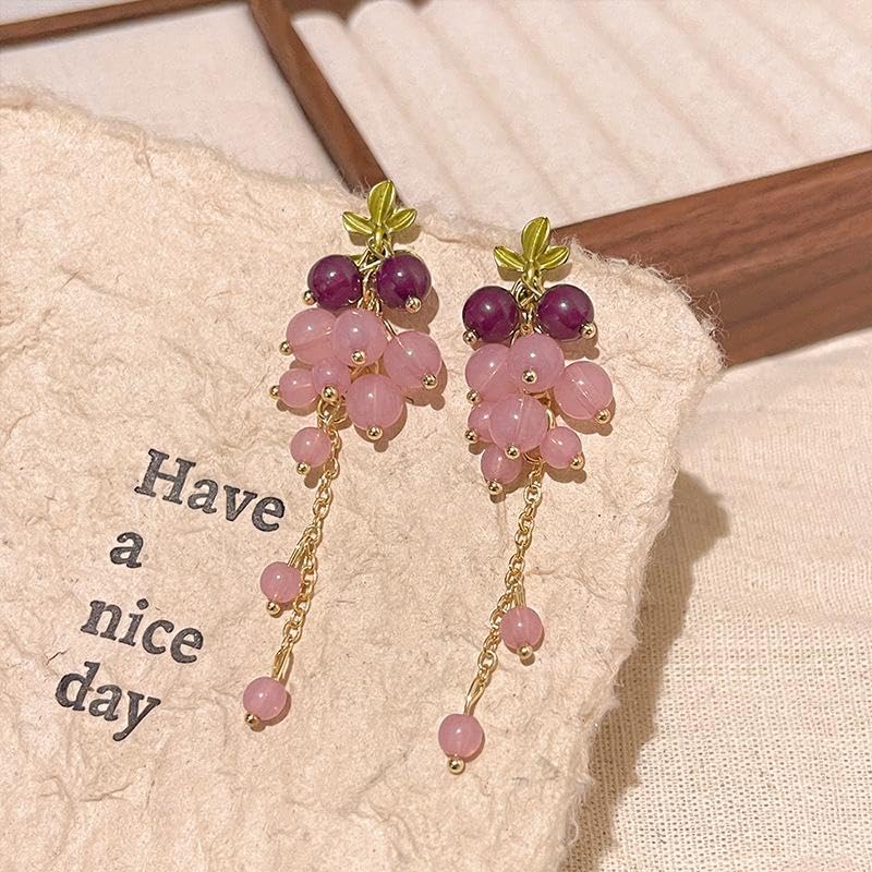 El Regalo Purple Grape Bunches Crystal Bead Drop Earrings for Girls & Women- Handmade Acrylic Fruit Dangle Drop Fashion Earrings (Grapes Tassel)