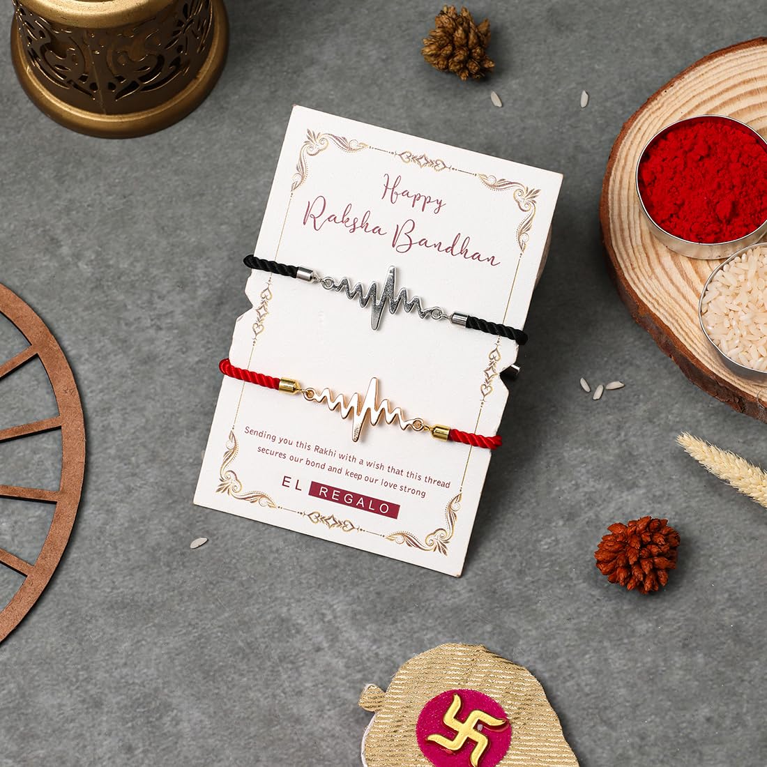 El Regalo Unisex Adult 2Pcs Heart Beat Rakhis Combo For Bhaiya/Bhabhi- Designer & Meaningful Rakhi Set With Roli Chawal, Rakhi Message Card In Rakhi Gift Box For Brother/Sister-In-Law