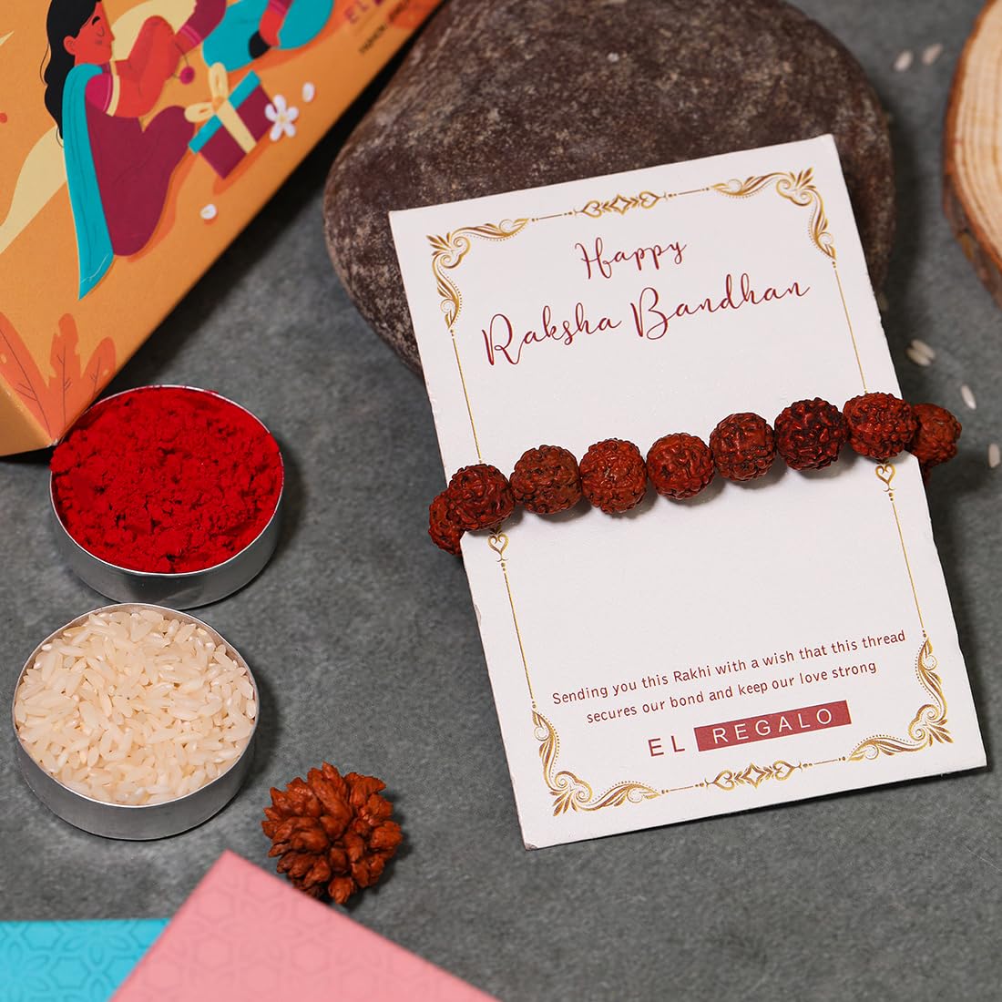 El Regalo Auspicious Natural Rudraksha Rakhi for Brother- Lord Shiva Rudraksha Beads Rakhi with Roli Chawal, Rakhi Message Card in Rakhi Gift Box