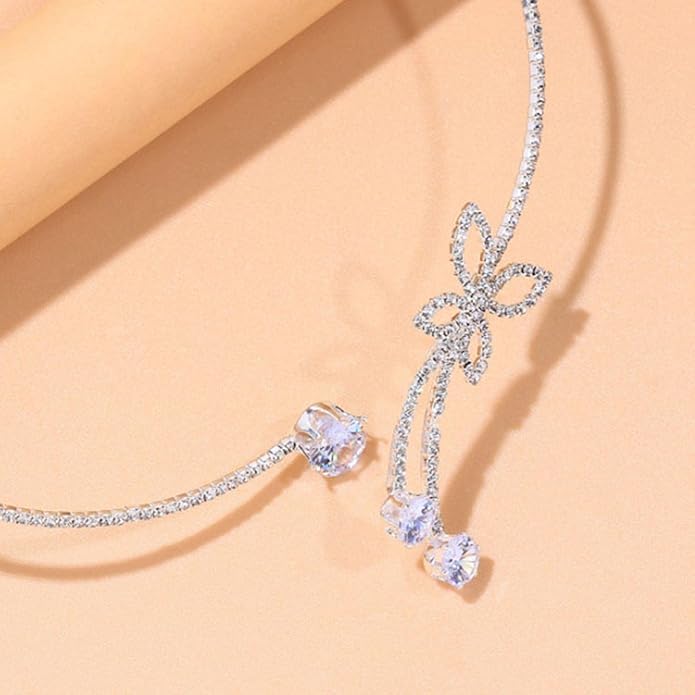 El Regalo Modern CZ Choker Necklace for Women & Girls | Minimalist Open Zircon Butterfly & Lariat Pearl Designs | Elegant Western Party Jewellery | Silver-Plated Statement Neckpiece | Ideal Birthday & Anniversary Gift (Butterfly Open Choker)