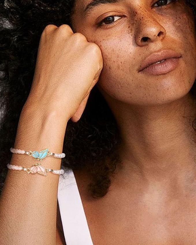 El Regalo 2PCs Butterfly Friendship Bracelets Set for Girls - Adjustable Handmade BFF Strand Bracelets for Best Friends - Symbolic Matching Jewelry for Birthday, Christmas, Graduation, Anniversary (White)