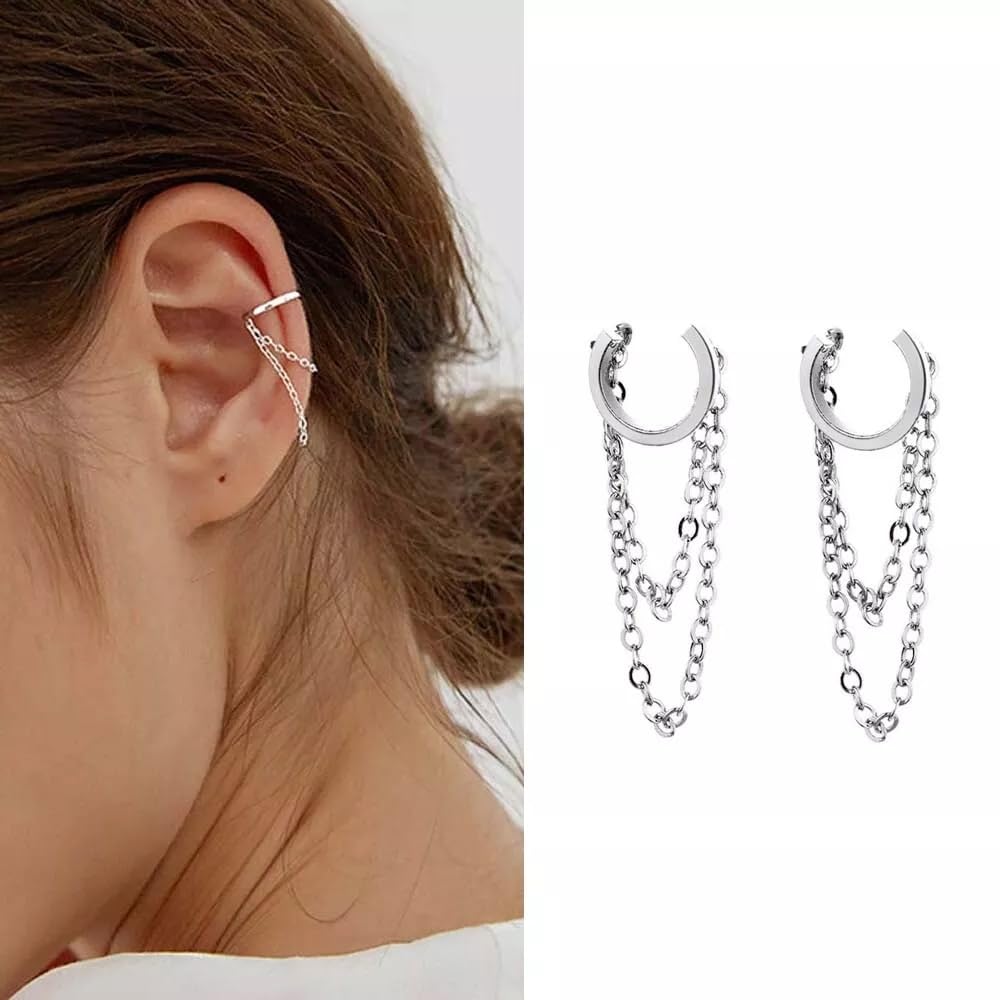 El Regalo Chain Hoop Ear Cuffs- Non Piercing Cartilage Earring- Trendy Cuff Wrap Clip on Earrings for Girls Women (Style-3)