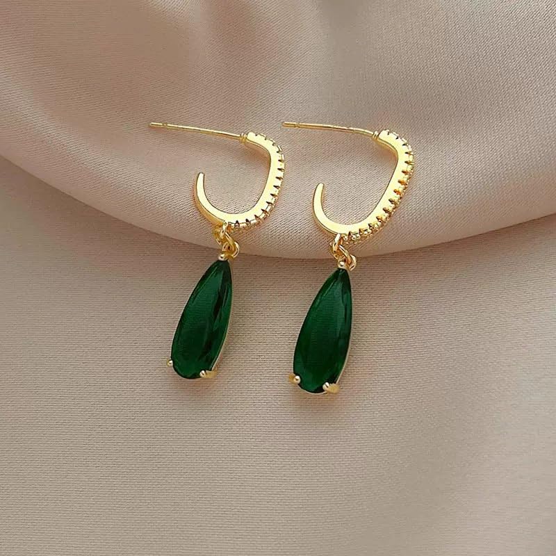 El Regalo Luxury 18K Gold Plated Emerald Green Teardrop Statement Earrings for Women | Sparkling Crystal Studded C-Hoop Dangle Earrings | Elegant Party & Wedding Jewelry Gift for Her