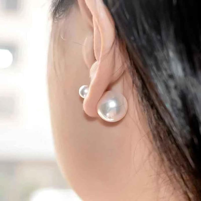 El Regalo 2 Pairs Pearls Earrings- Front & Back Double Sided Small & Big Simulated Pearl (White & Grey) Stud Earrings for Girls & Women