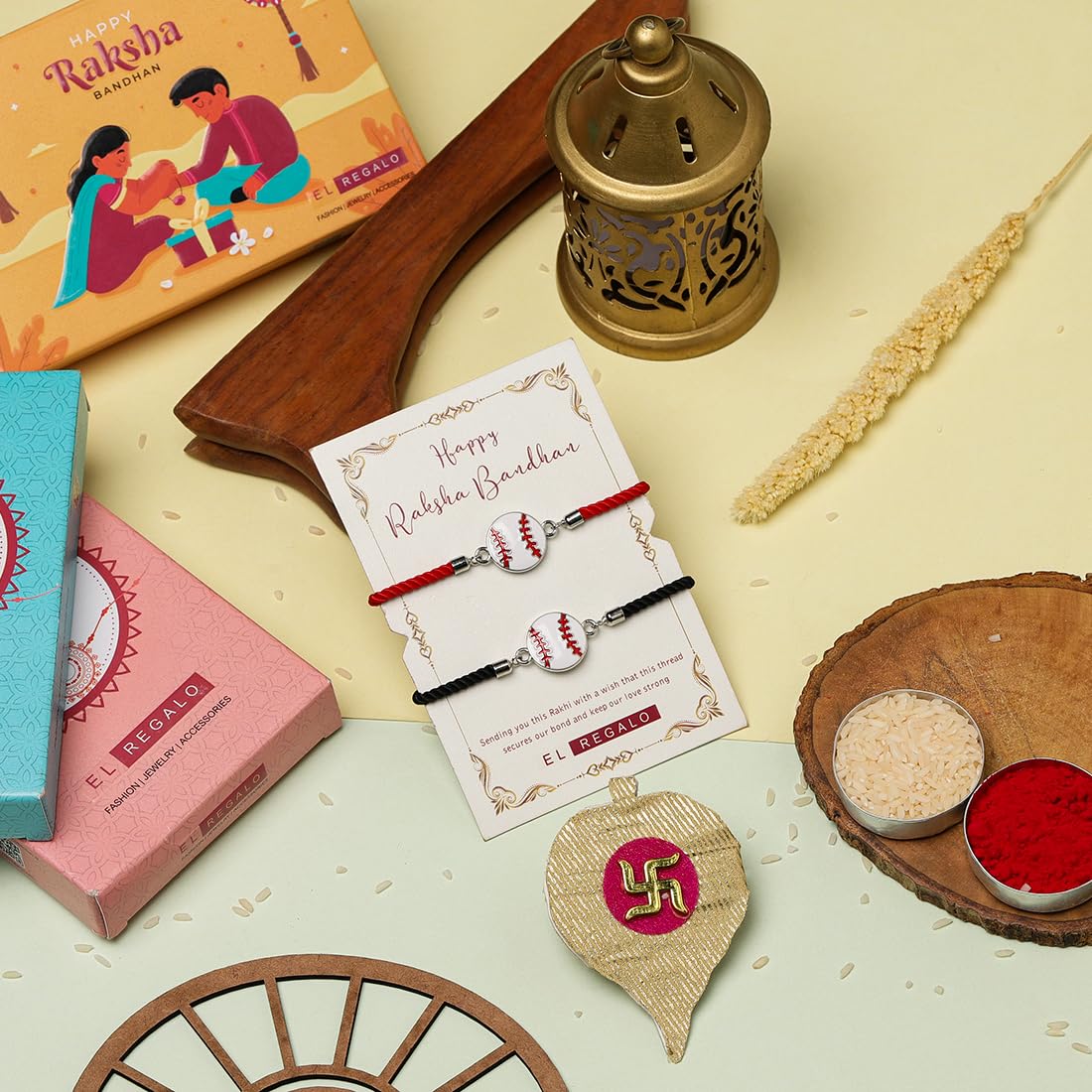 El Regalo Quirky 2PC Sports Rakhi Set for Brother | Rakhis Combo Set for Brother/Niece/Nephew- Kids Rakhi for Sports Lovers Bhai with Roli-Chawal, Message Card in Rakhi Gift Box (Option-3)