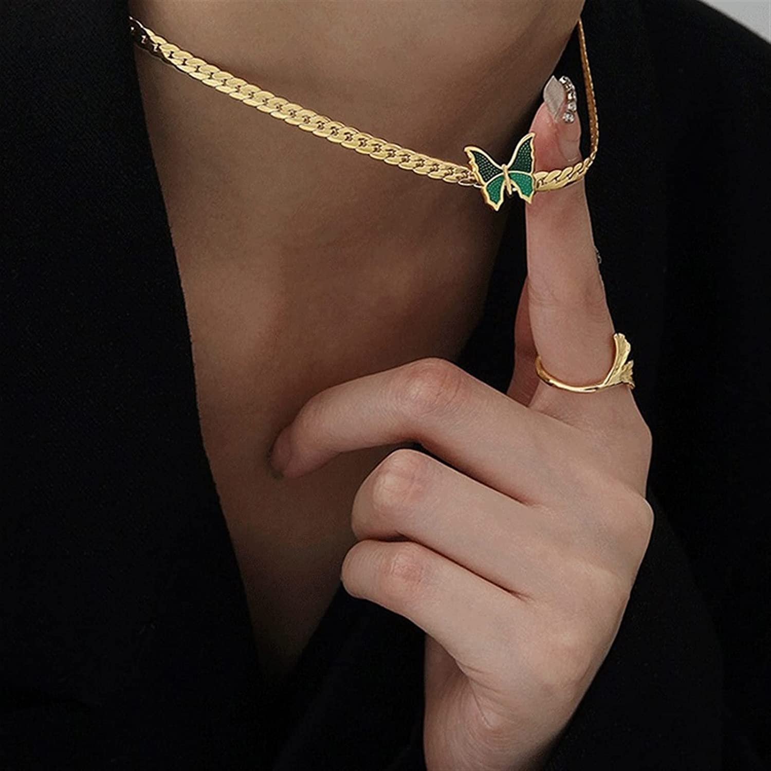 El Regalo 18K Gold Waterproof Vintage Green Enamel Butterfly Choker Cuban Chain Necklace- Stainless Steel NO RUST/ANTI TARNISH Butterfly Flat Snake Chain Necklace for Girls & Women