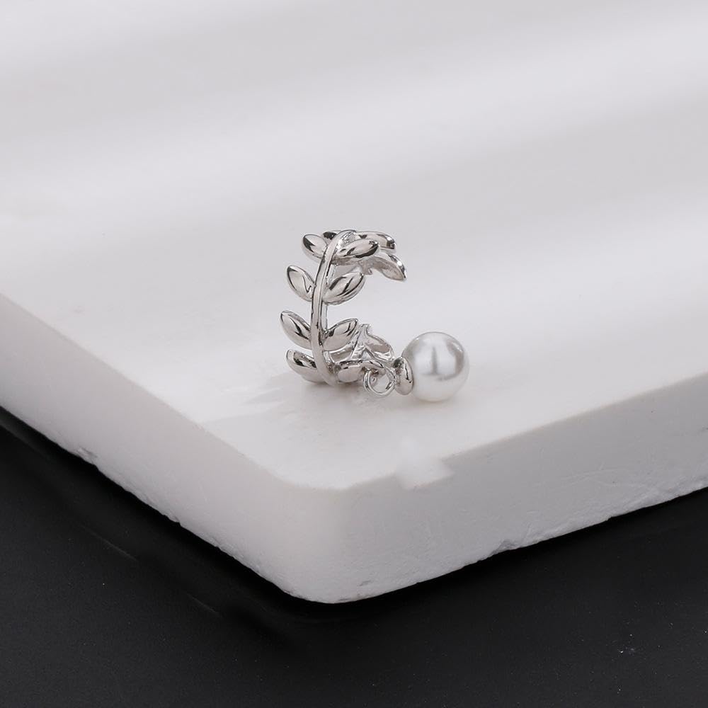 El Regalo 2 Pairs Leaf Pearl Ear Clip Cuff Earrings for Women & Girls - No Piercing Olive Leaf Cartilage Clip-on Earrings Combo (Gold & Silver Finish, Minimalist Pearl Design)