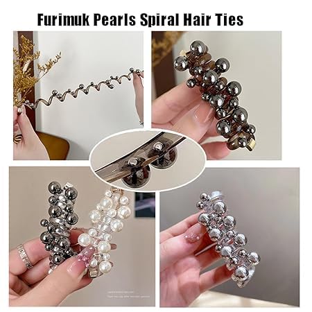 El Regalo 3PCs Stretchy Pearl Spiral Braided Telephone Scrunchies Ponytail Holders, Hair Ties for Kids Girls/Teens & Women - Black, White & Silver