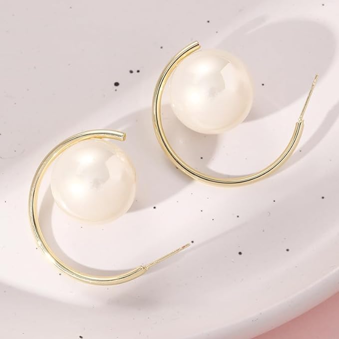 El Regalo Western Pearl Earrings- Delicate Glossy C Shaped Pearl Hoop Earring- Elegant Vintage Style Earrings for Girls & Women (White Pearl)