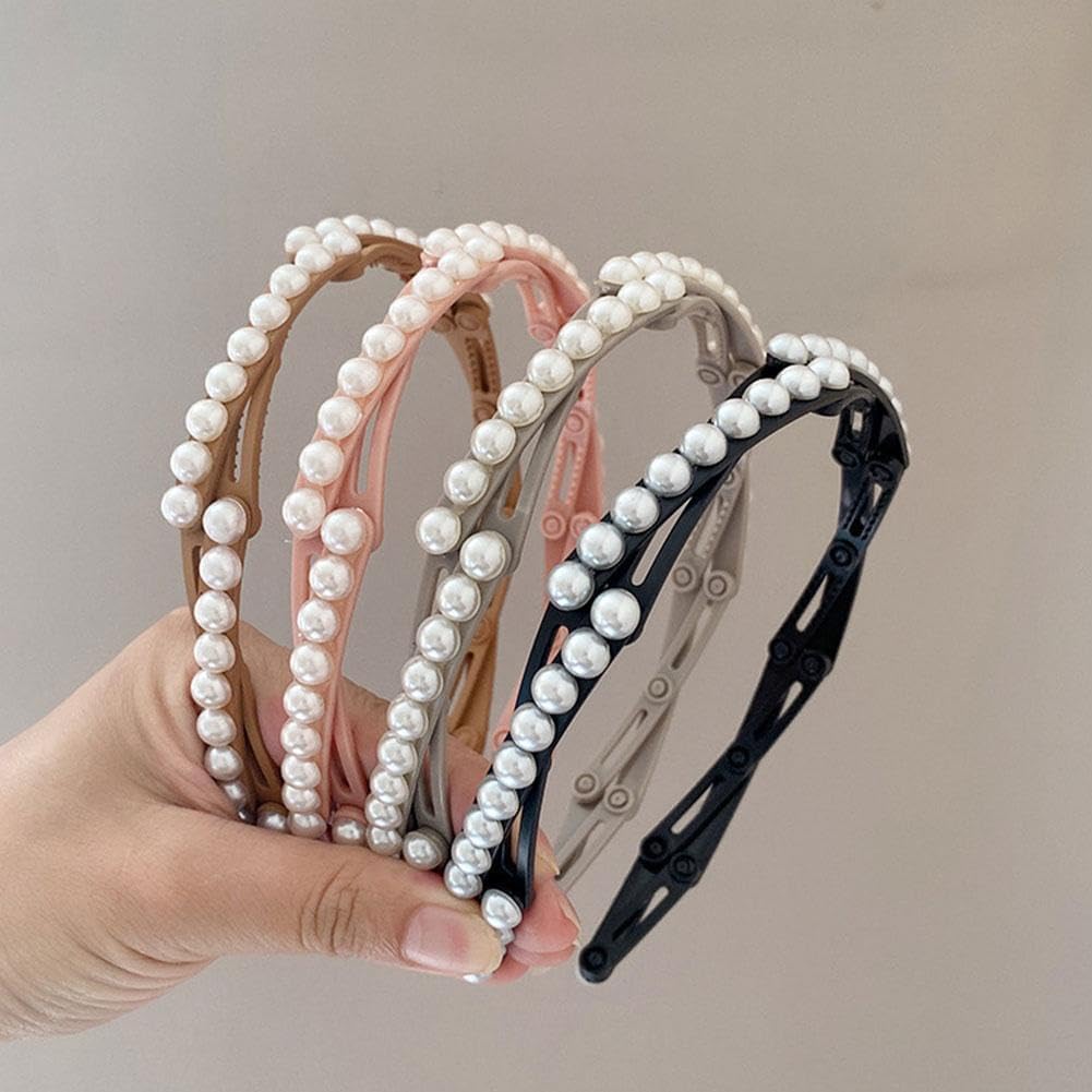 El Regalo Stretchable Foldable Pearl Headband for Women & Girls - Elegant Anti-Slip Hairband for Long & Short Hair, Portable Retractable Hair Accessory for Travel & Everyday Wear (Grey, One Size)