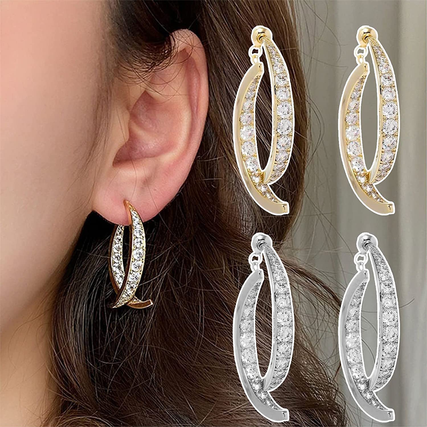 El Regalo Women's & Girl's Cross Curved Earrings, Curved Stick Front Back Linear Drop Hypoallergenic Earrings (Silver AD)