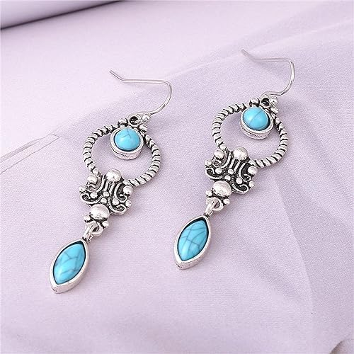 El Regalo Small Handmade Vintage Silver Tone Simulated Turquoise Dangle Drop Earrings for Women Girls- Retro Blue Stone Earrings