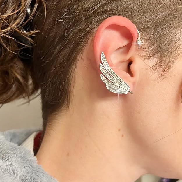 El Regalo Women's Zircon Ear Cuff Wrap No Piercing Earring- Sparkling Rhinestone Angel Wing Ear Cuffs Non-Piercing Earrings Glitter Iced Out Crystal Angel Wings Cartilage Climber Ear Wrap
