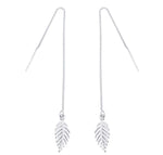 El Regalo 925 Silver Plated Minimalist Long Thin Linear CZ Elegant Threader Dangle Chain Earrings for Girls & Women (Leaves Threaders)