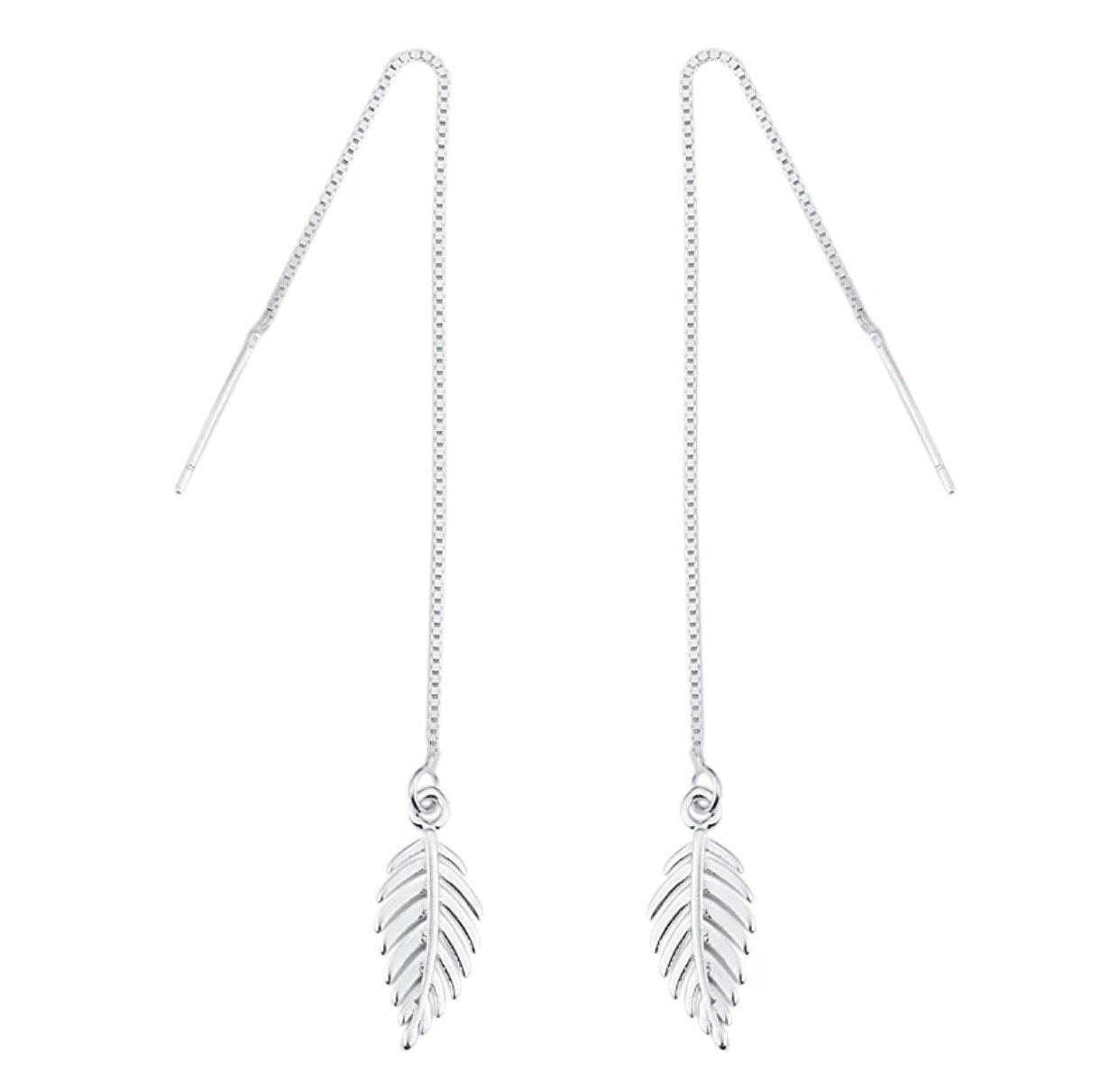 El Regalo 925 Silver Plated Minimalist Long Thin Linear CZ Elegant Threader Dangle Chain Earrings for Girls & Women (Leaves Threaders)