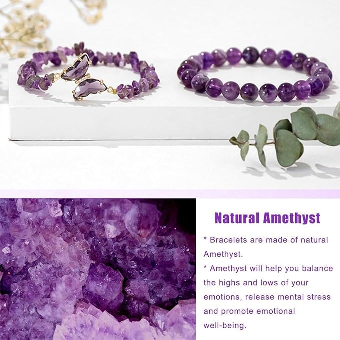 El Regalo 2PCs Natural Crystals Butterfly Bracelets Set- Real Crystals Healing Stones Bracelet Combo for Women (Purple Amethyst)