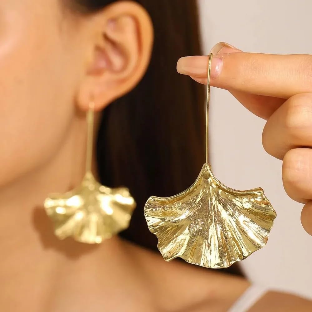 El Regalo Big & Bold Ginkgo Leaf Drop Dangle Earrings - Fashionable Fall Maple Leaf Boho Earrings for Women & Girls, Classy Statement Jewelry (Gold)