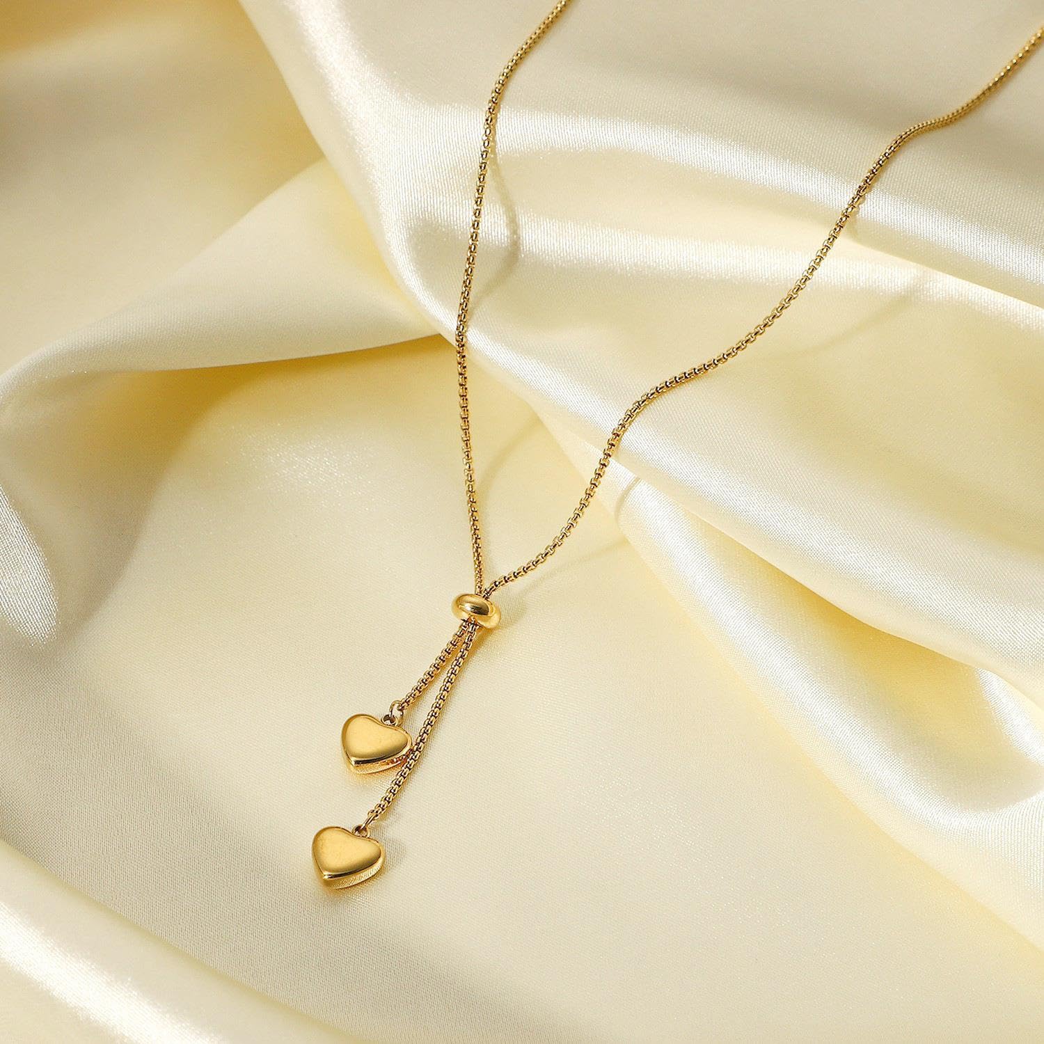 El Regalo Stainless Steel Double Love Heart Long Pendant Slider Necklace for Girls & Women- Anti Tarnish Minimalist Heart Necklace