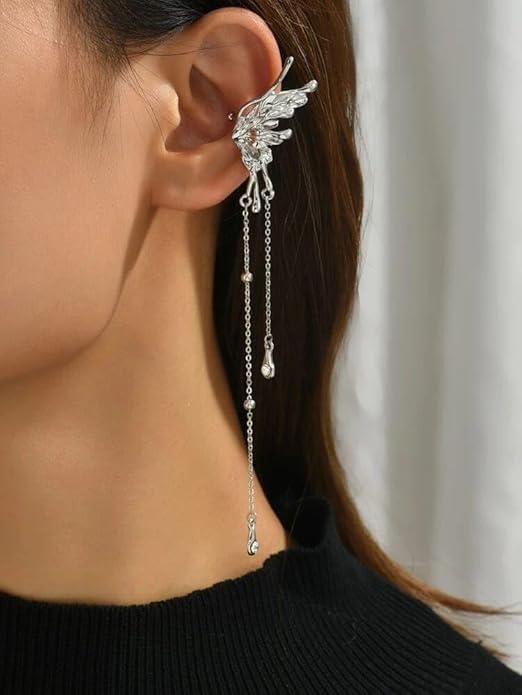 El Regalo Fairy Butterfly Tassel Non Piercing Cuff Earrings - Long Angel Wings Ear Bone Clip Earring for Non Pierced Ears