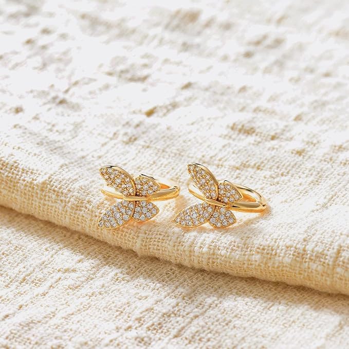 El Regalo Cubic Zirconia Butterfly Huggie Hoop Earrings - 14K Gold Plated Small Hoops for Girls, Teens & Women | Hypoallergenic Tiny Butterfly Earrings