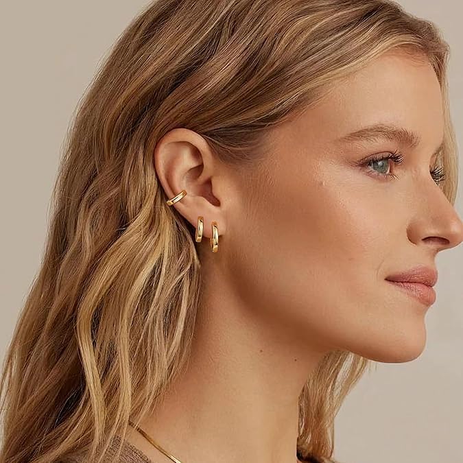 El Regalo 18K Gold Plated Anti-Tarnish Stainless Steel Huggie Hoop Earrings Combo - Set of 3 Pairs | Waterproof Minimalist Baali for Women & Girls | Cartilage & Second Piercing Jewelry