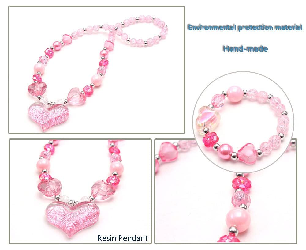 El Regalo Girls Kids Glittery Pink Heart Beads Princess Necklace & Bracelet Jewelry Sets- Acrylic Heart Beads Princess Necklace Bracelet Jewelry Set for Toddlers Girls Kids