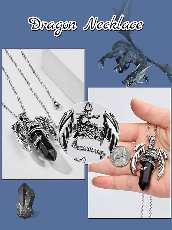 El Regalo Goth Gothic Viking Dragon Crystal Pendant Necklace for Men & Boys | Dragon Wing Necklace | Punk Biker Fantasy Statement Jewelry (Black)