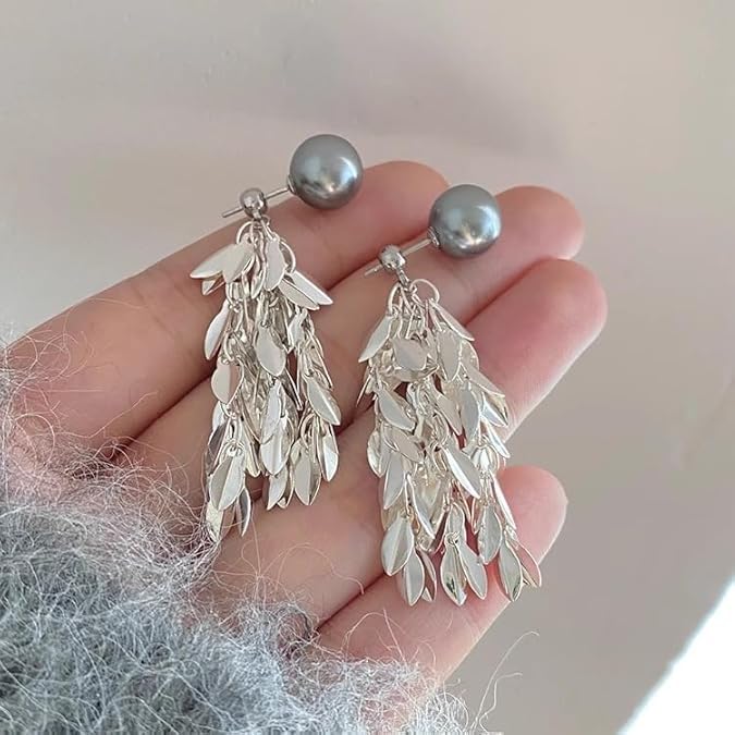 El Regalo Women's & Girl's Elegant Grey Iridescent Pearl Fringe Earrings - 2 Ways Wheat Fringed Ear Jacket Earrings, Lightweight, Versatile Design for Sophisticated Style