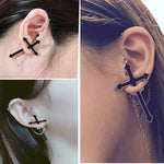 El Regalo 1 Cross Chain Earring - Unique Black Enamel Punk Dangle Drop | Cool Puncture Ear Stud Earring for Women Men Statement Hinged Jewelry Gifts