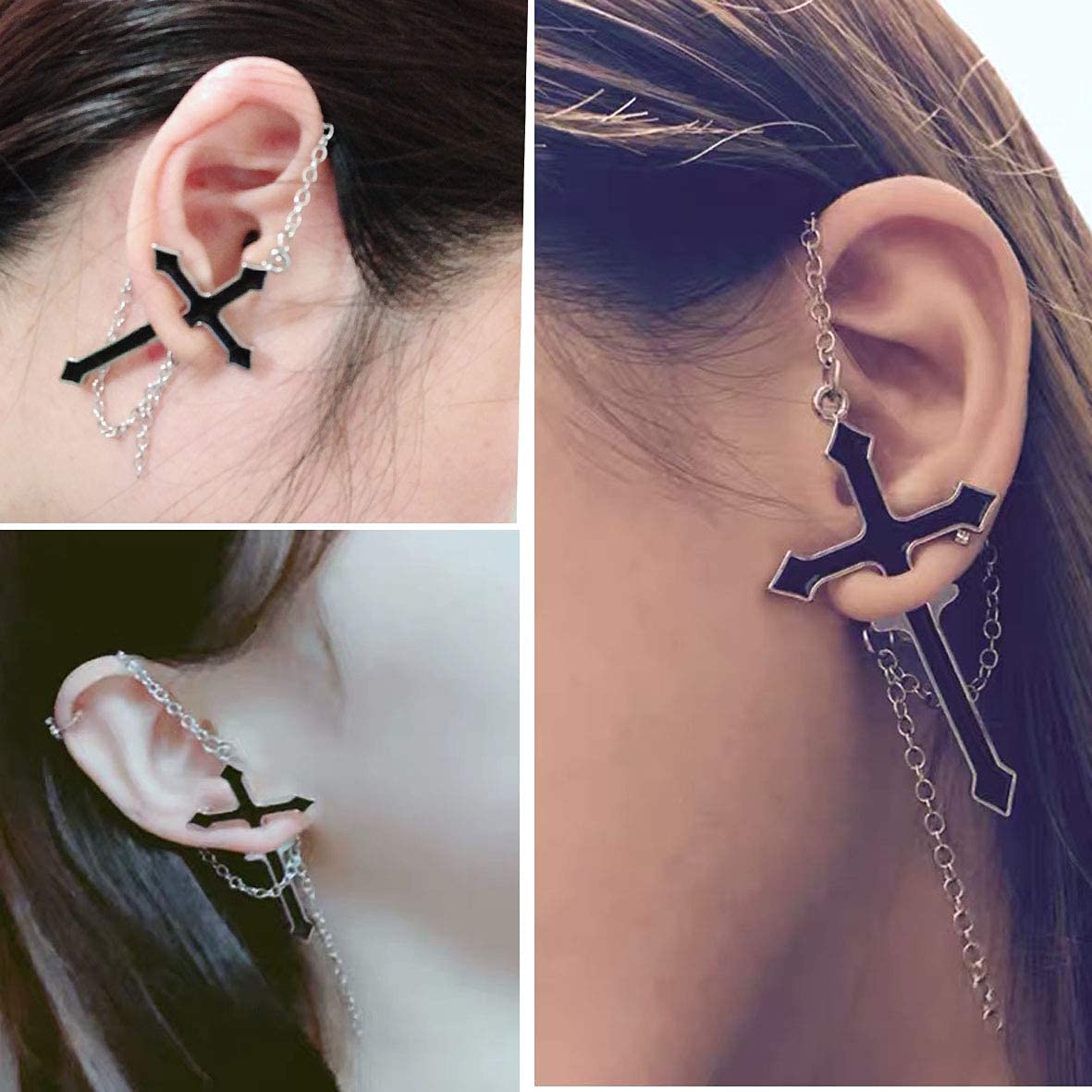 El Regalo 1 Cross Chain Earring - Unique Black Enamel Punk Dangle Drop | Cool Puncture Ear Stud Earring for Women Men Statement Hinged Jewelry Gifts