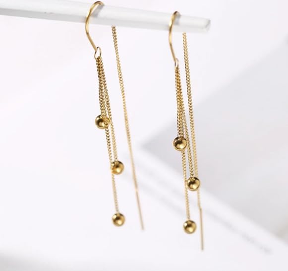 El Regalo Modern Sui Dhaga Threader Earrings for Women - Minimalist Long Pull Through Chain Earrings - Light Dangle Needle Threaders for Multiple Piercings, Sensitive Ears (Triple Bead Drip)