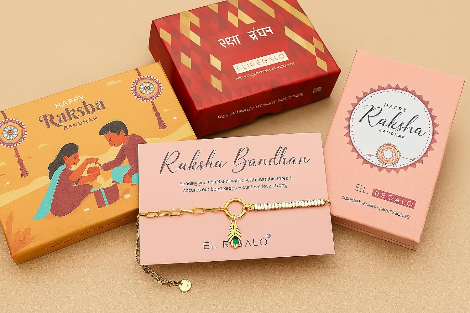 El Regalo 1PC Luxury Krishna Feather Tannis Bracelet Rakhi for Brother or Bhabhi- Elegant Feather CZ Rakhi with Roli Chawal, Message Card in Rakshabandhan Box
