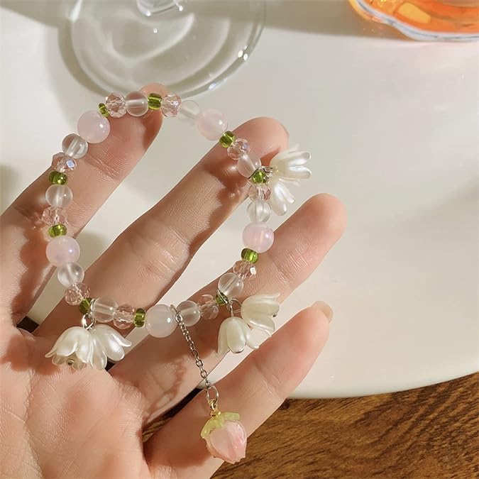 El Regalo Women's 1Pc Beautiful Lily Of The Valley Flower Tassel Beads Bracelet- Pink, Green & White Lilly Bells Pearl Vintage Bracelet