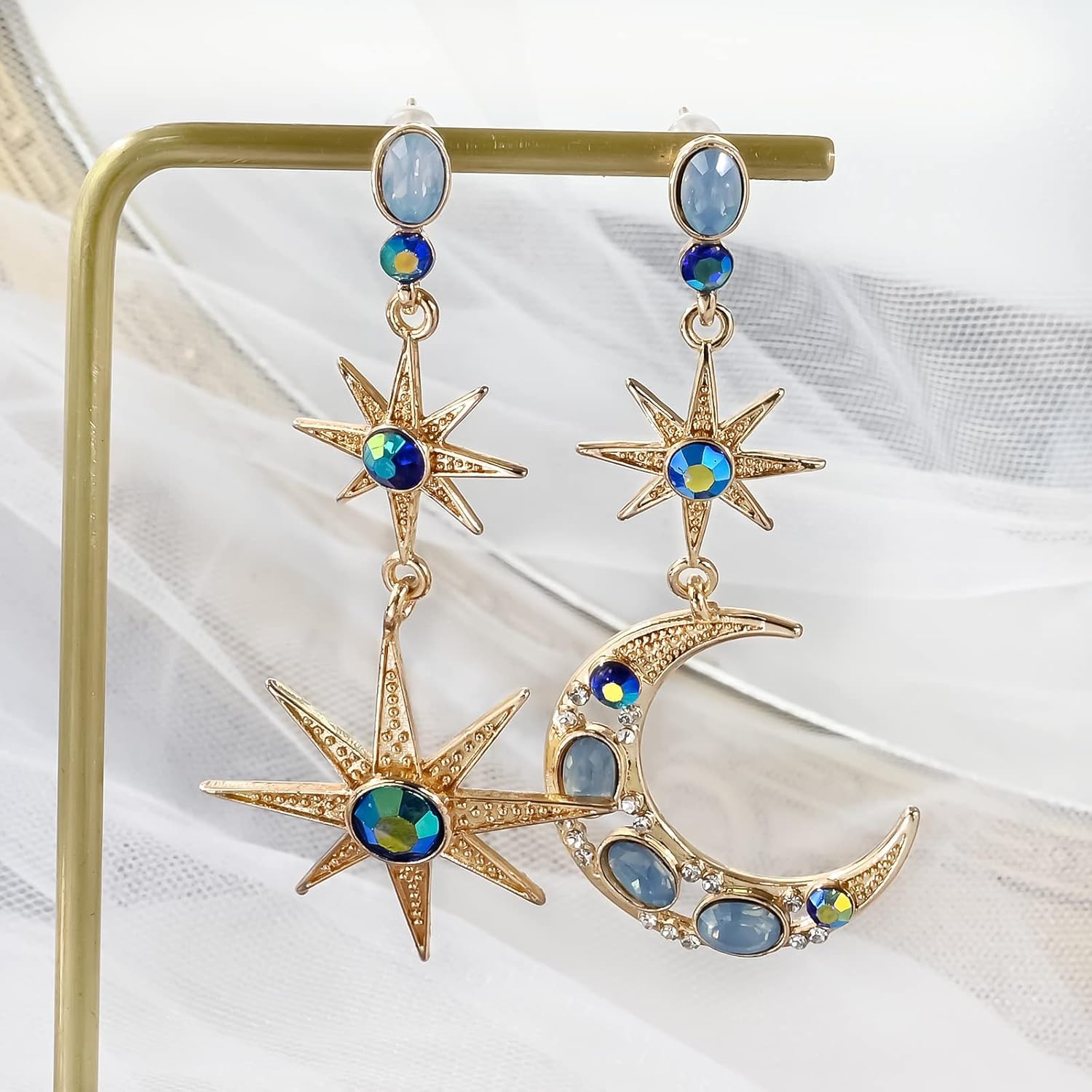 El Regalo Bohemian Moon Star Asymmetric Tassel Earrings- Crystal Moon & Sun Drop Earrings Long Retro Exquisite Punk Style Jewellery for Women Girls